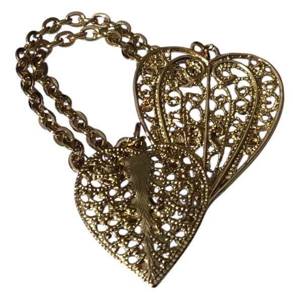Jewelry - Double Heart Brooch Gold Tone Chain Filigree Blazers Lapel Costume Jewelry Vtg